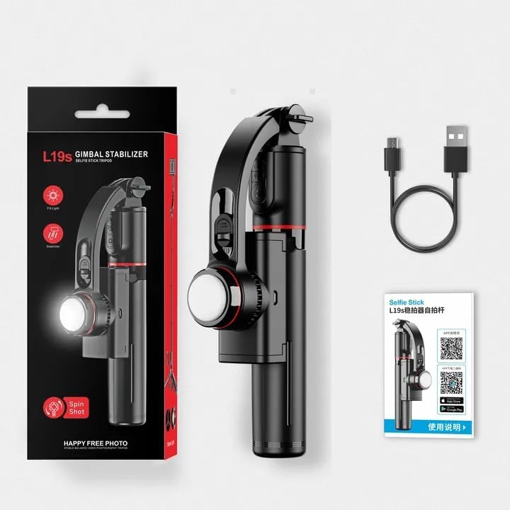 L19s Gimbal Stabilizer for Smartphone, 86mm x 210mm, with Selfie Stick and USB Cable(Black) TripodL19s