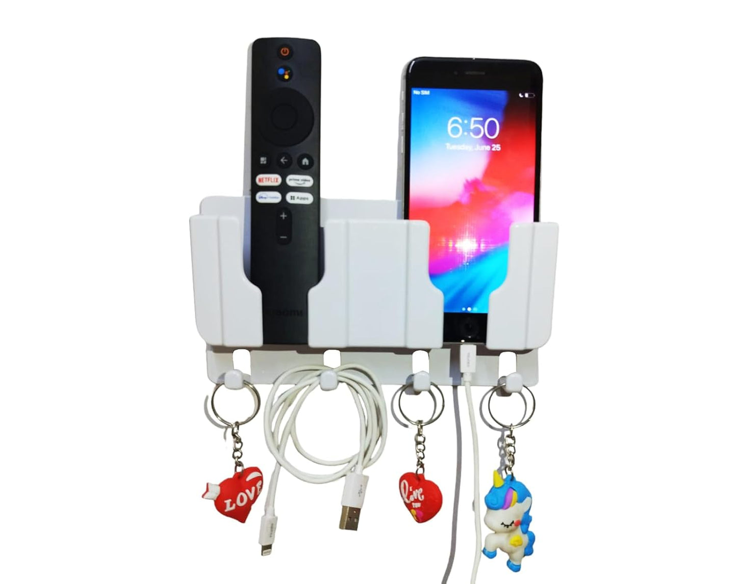 Wall Mounted Multi-Purpose Organizer | Mobile Charging Stand, Remote & Phone Holder, Cable & Key Hanger | Space-Saving Storage Rack for Home & Office