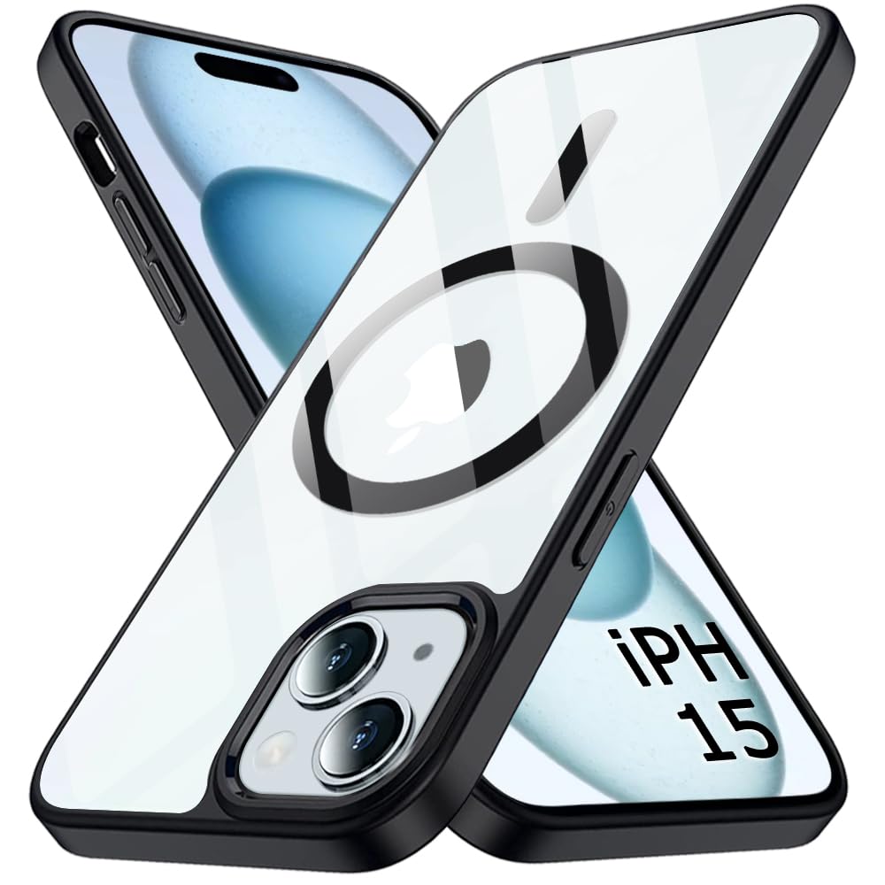 Ultra-Hybrid Magnetic Back Case Cover for iPhone 15 Compatible with MagSafe | Camera Protection | Anti-Yellow Crystal Clear Transparent Case Cover for iPhone 15 (PC & TPU, Black Bumper)