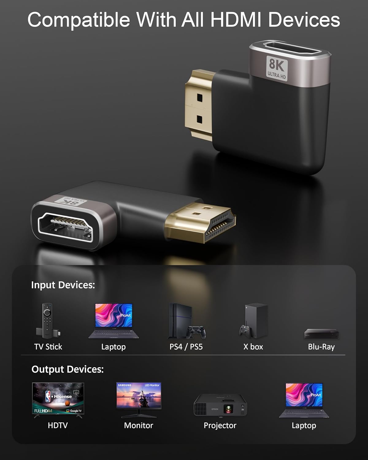 8K Ultra HD HDMI Connector 90 Degree L Shape Flat HDMI Male to Female Converter Right Angle HDMI Adapter Extender TV Led LCD TV Stick, Xbox, PS3 PS4 PS5, Supports 3D HDR, eARC, 8K@60Hz 4K@144Hz