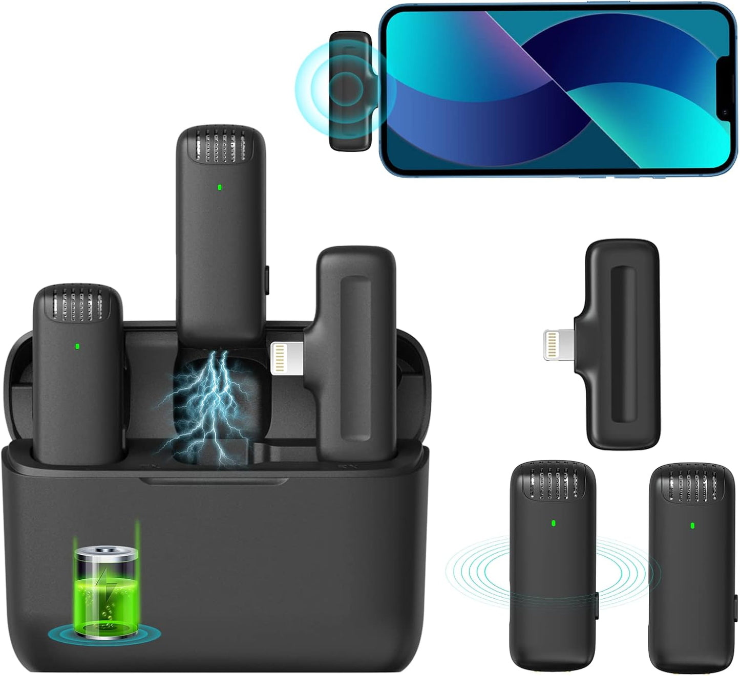 J13 Dual Wireless Lavalier Mic with Noise Reduction & Charging Case. Plug & play for Lightning devices. Perfect for YouTube, Facebook Live, vlogs, interviews, and pro video recording.
