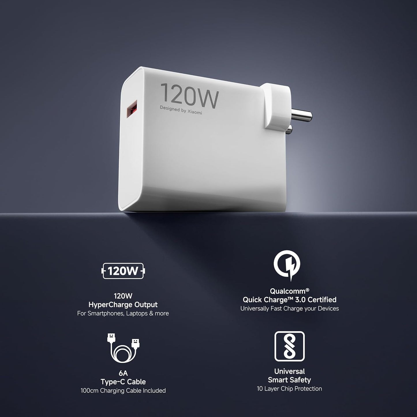 Mi Xiaomi Original 120W HyperCharge Adapter with 6A Type-C Cable | Ultra-Fast Charging for Mobiles, Laptops & MacBook | 20 Safety Protections | Universal Compatibility – White