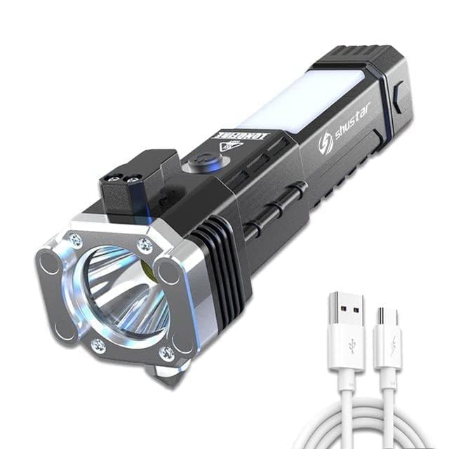 Torch Light,LED 3W Torch Light Rechargeable Torch Flashlight,Long Distance Beam Range Car Rescue Torch with Hammer Window Glass Built Portable Rechargeable (Modern)