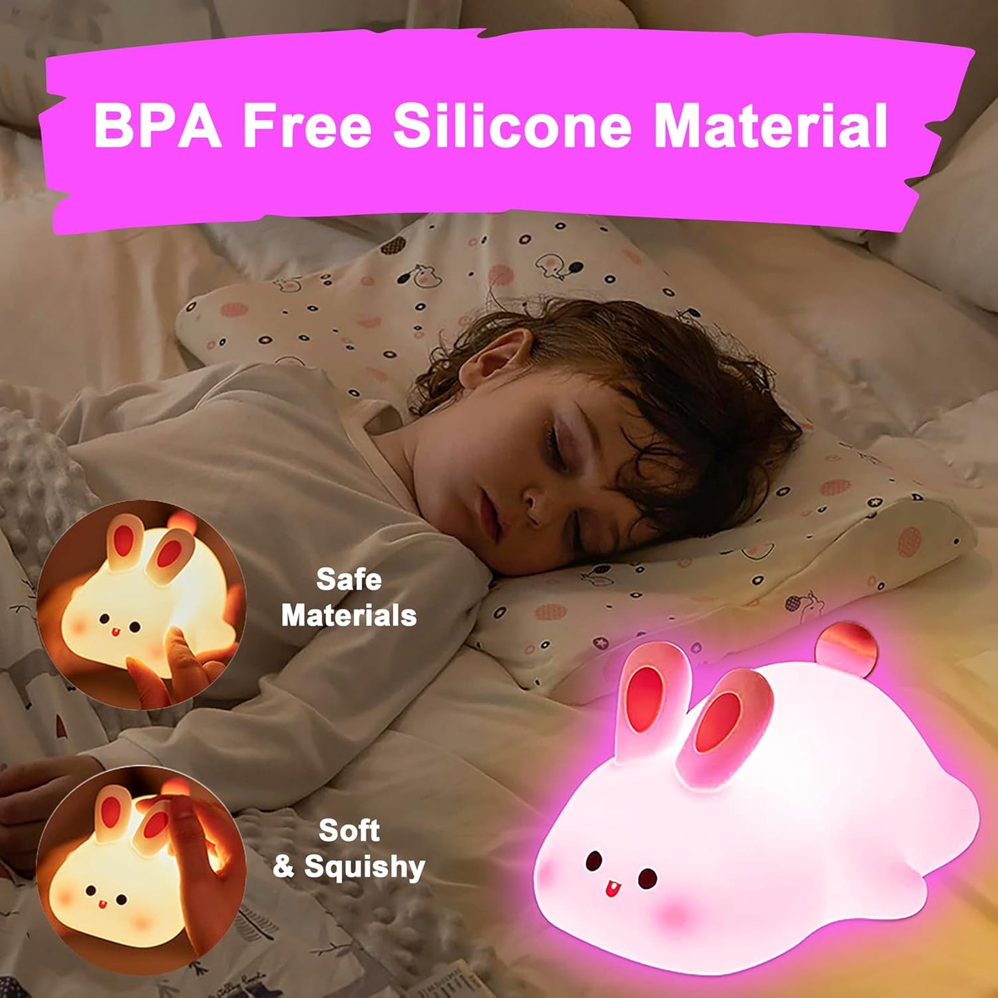 Kids Cute Little Rabbit Night Light Touch Silicone Animal Night Lamp | Rechargeable LED Bedside Lamp for Children's Bedroom | Ideal Gift for Boys, Girls, Toddlers, and Nursery