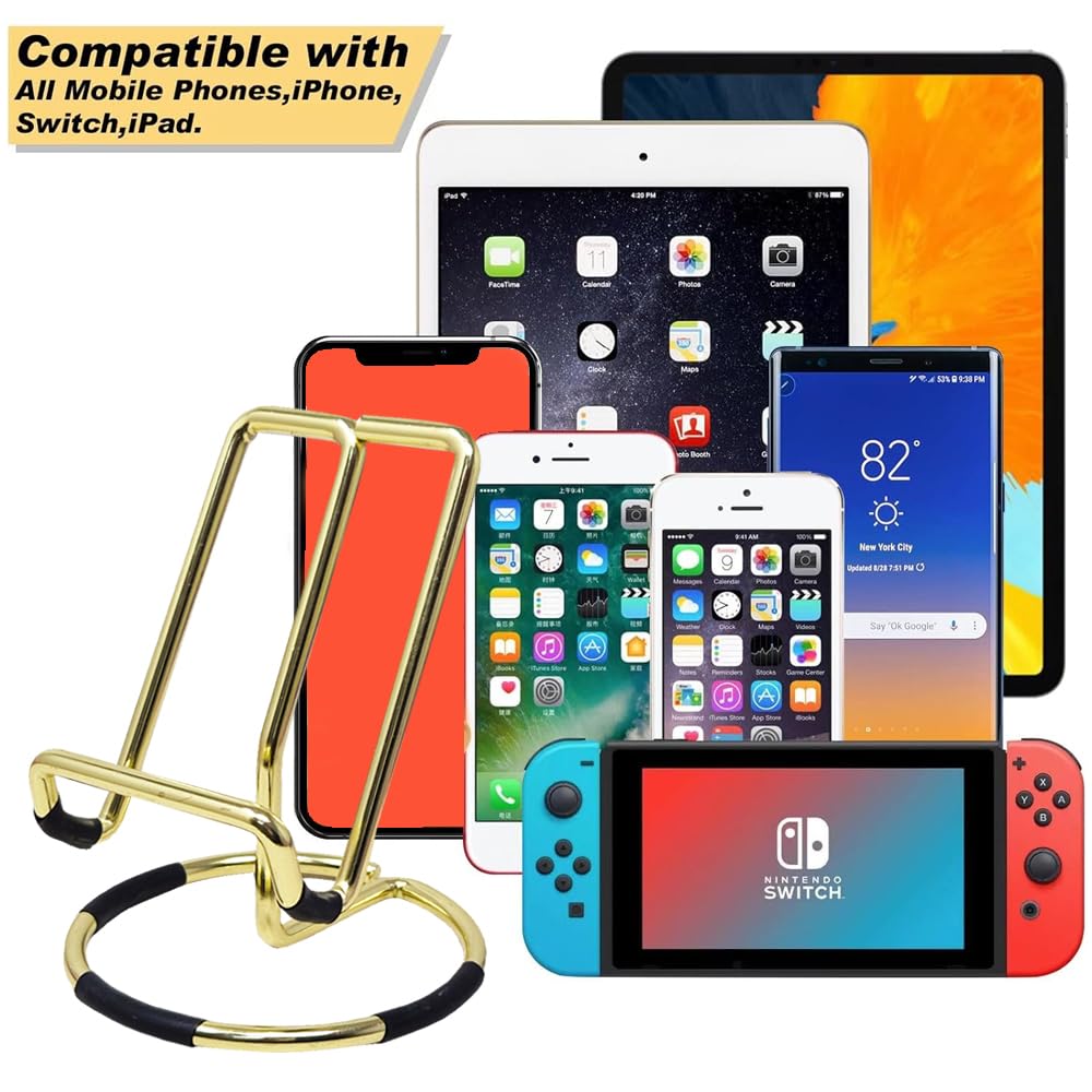 Cell Phone Stand for Desk, Cute Metal Gold Cell Phone Stand Holder Desk Accessories, Compatible with All Mobile Phones, iPhone, Switch, iPad