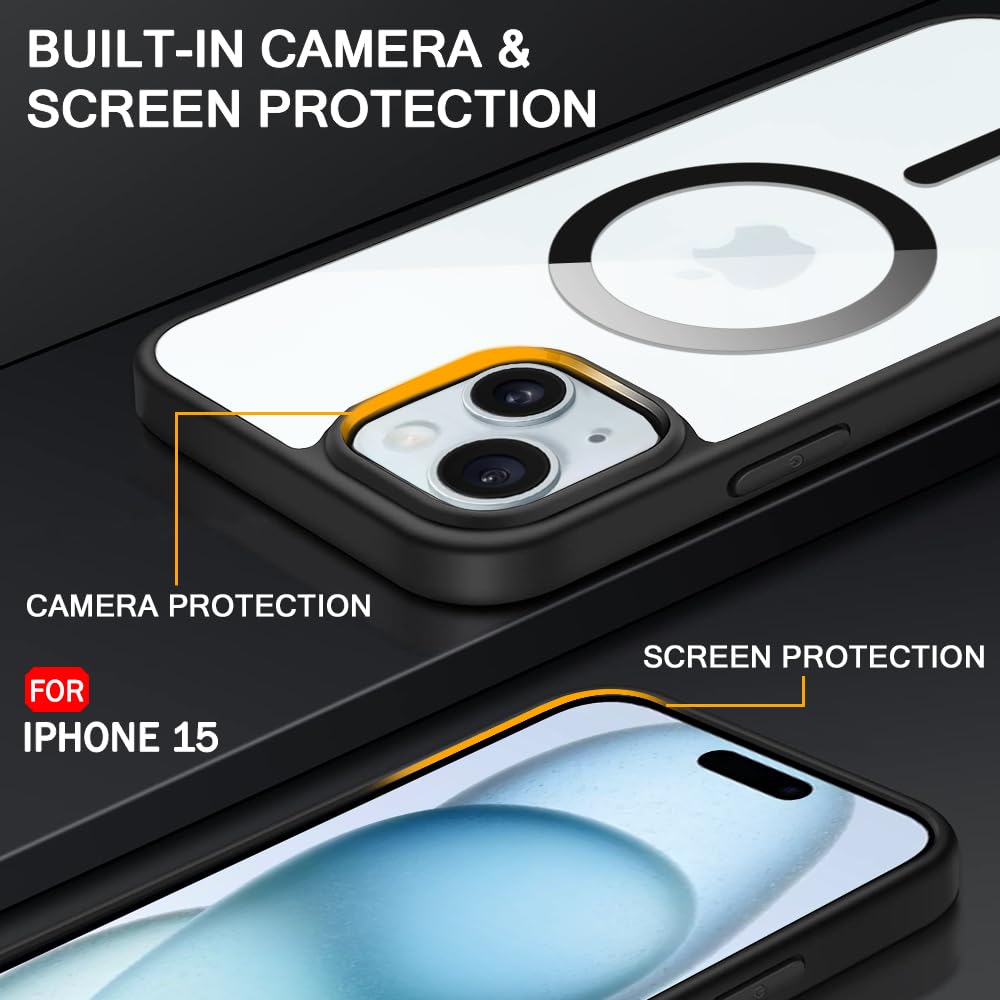 Ultra-Hybrid Magnetic Back Case Cover for iPhone 15 Compatible with MagSafe | Camera Protection | Anti-Yellow Crystal Clear Transparent Case Cover for iPhone 15 (PC & TPU, Black Bumper)
