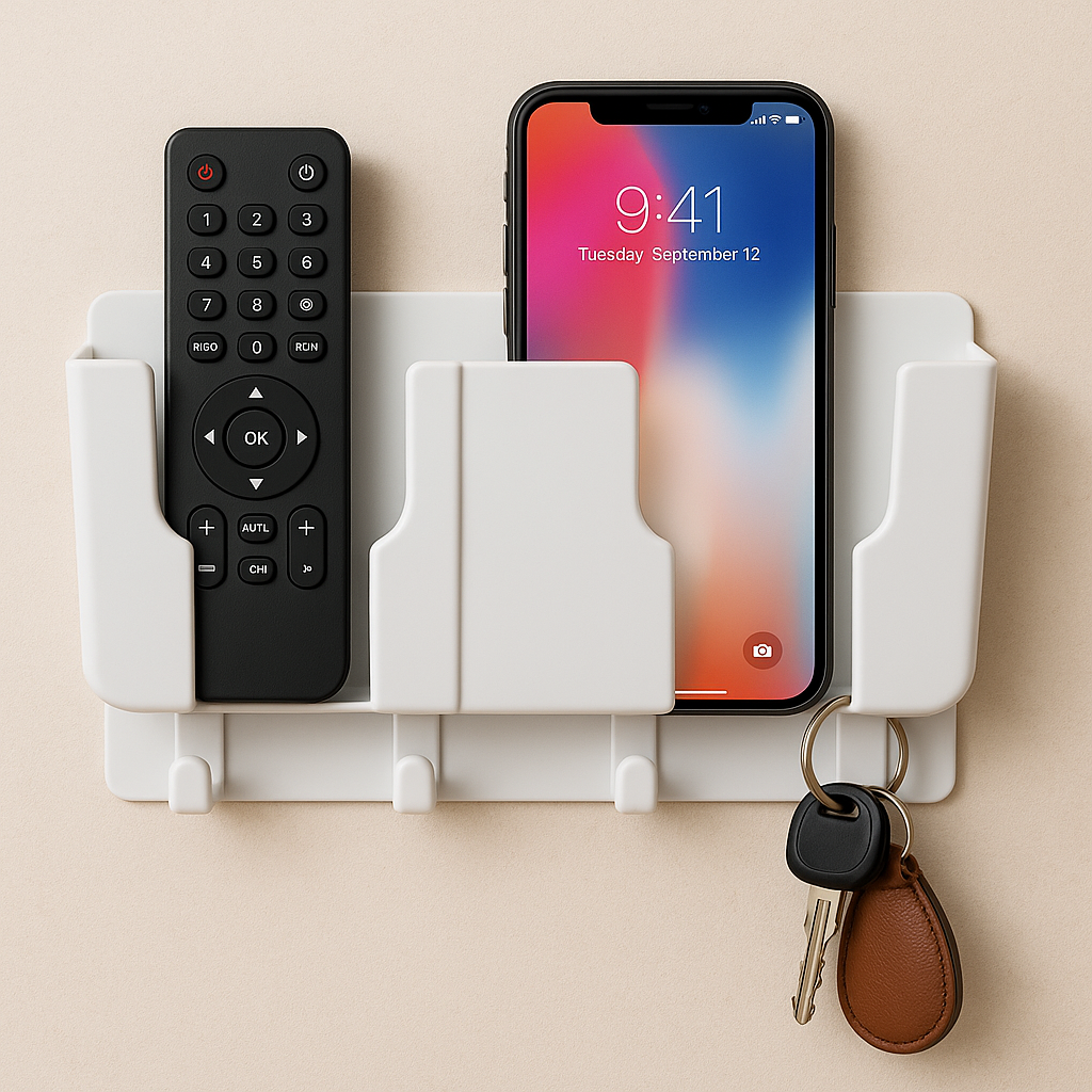 Wall Mounted Multi-Purpose Organizer | Mobile Charging Stand, Remote & Phone Holder, Cable & Key Hanger | Space-Saving Storage Rack for Home & Office