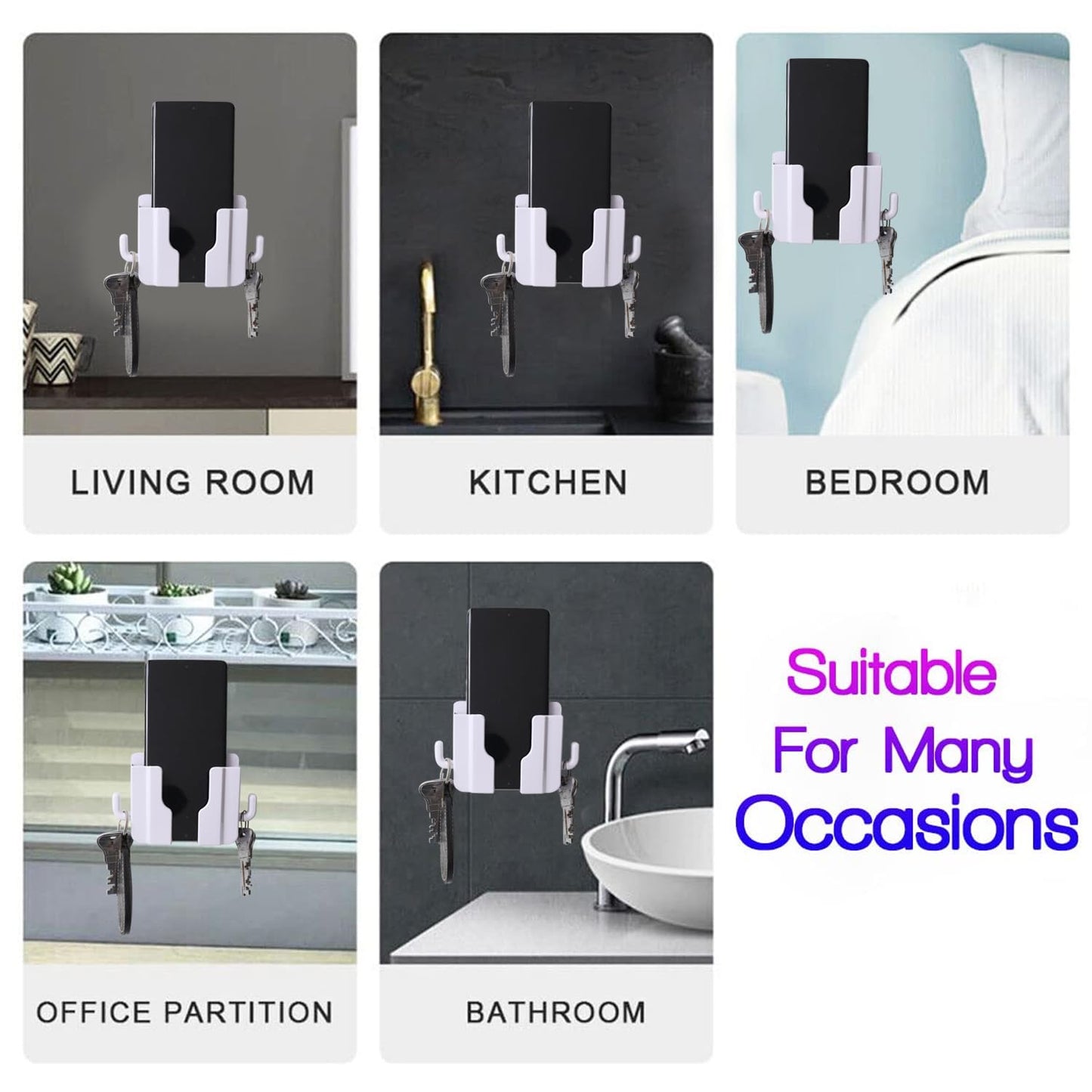 Wall Mounted Mobile Charging Stand with Hooks | Universal Phone Holder & Remote Organizer | Space-Saving Wall Storage