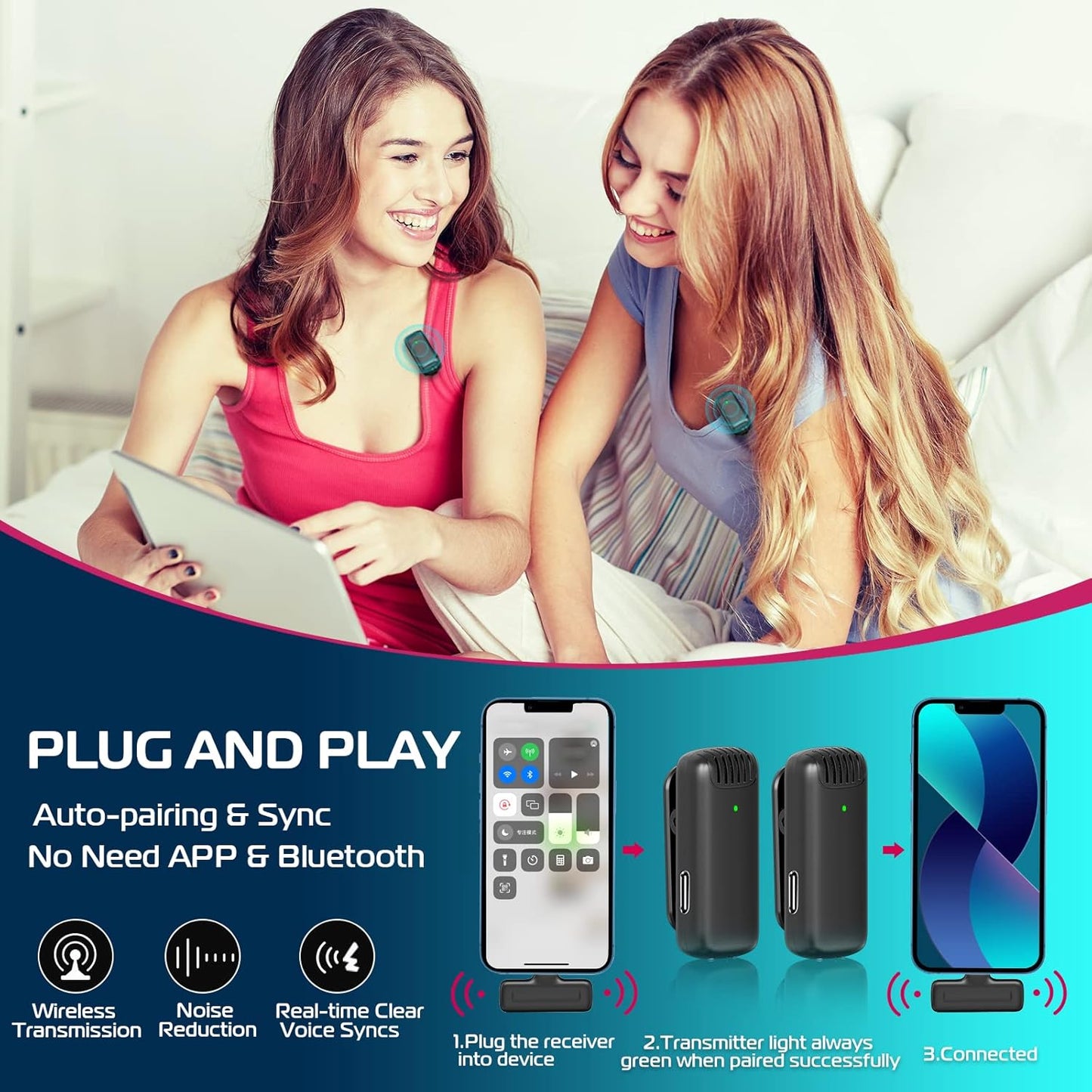 J13 Dual Wireless Lavalier Mic with Noise Reduction & Charging Case. Plug & play for Lightning devices. Perfect for YouTube, Facebook Live, vlogs, interviews, and pro video recording.