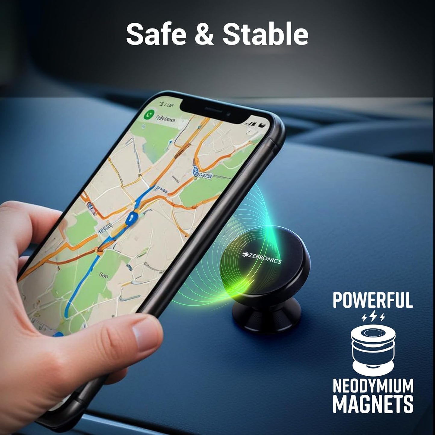 Car Mobile Holder with Powerful Neodymium Magnets, 360° Rotatable, Safe & Strong, Anti-Skid Silicone Pads, Universal Compatibility, Included 1 Metal Plates