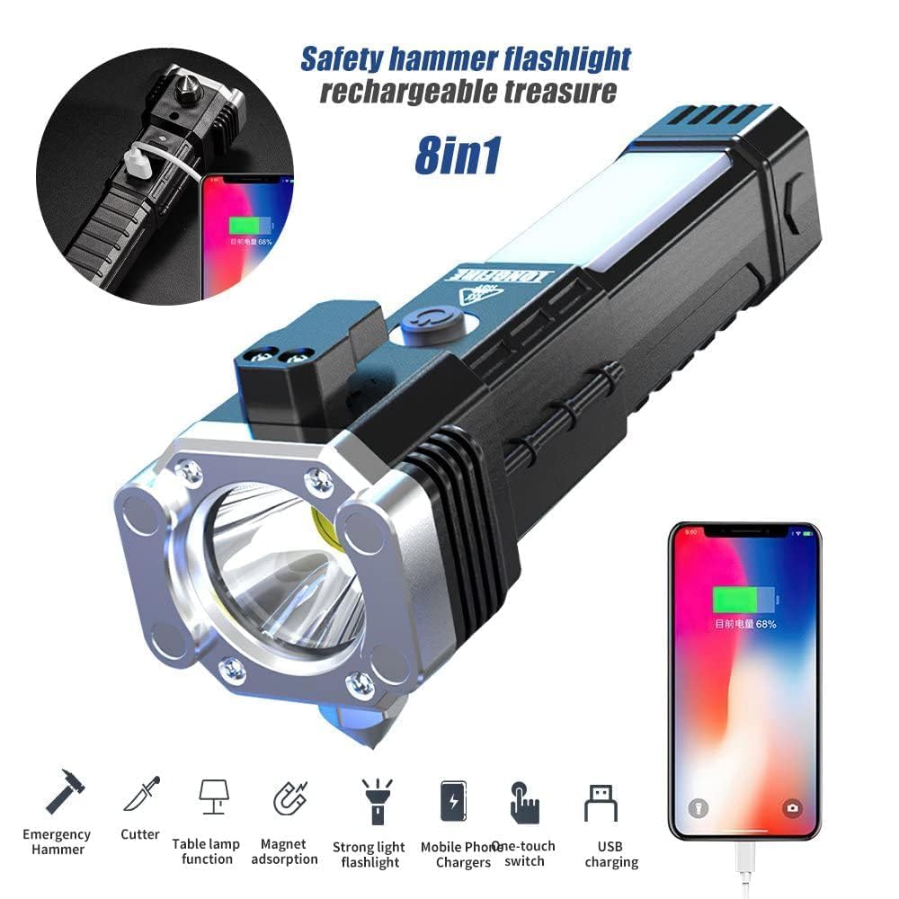 Torch Light,LED 3W Torch Light Rechargeable Torch Flashlight,Long Distance Beam Range Car Rescue Torch with Hammer Window Glass Built Portable Rechargeable (Modern)