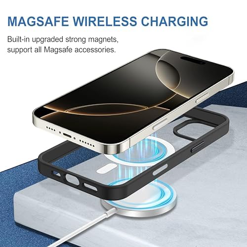 iPhone 16 pro Max Magnetic Transparent Case | Shock Proof Design & Camera Protection | Magsafe Wireless Charging case for Apple iPhone 16 pro Max | Sleek Hard Crystal Cover - Black (Back)