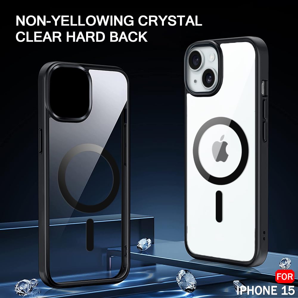 Ultra-Hybrid Magnetic Back Case Cover for iPhone 15 Compatible with MagSafe | Camera Protection | Anti-Yellow Crystal Clear Transparent Case Cover for iPhone 15 (PC & TPU, Black Bumper)