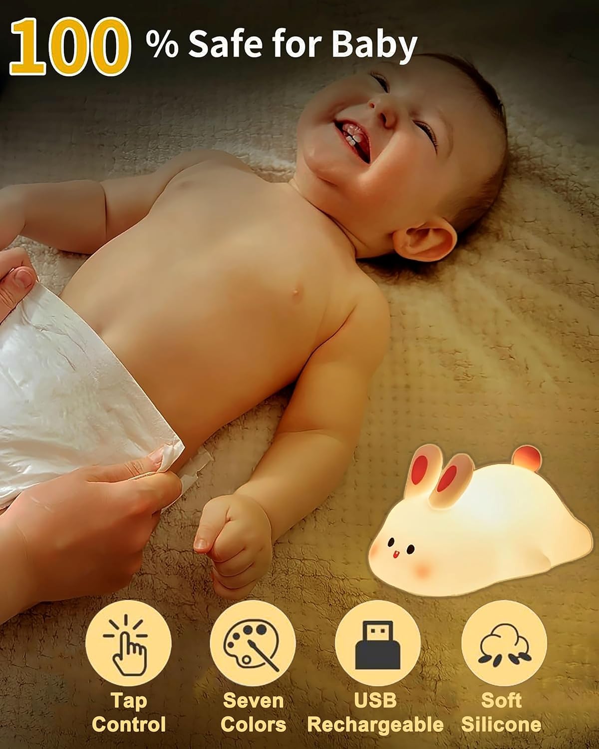 Kids Cute Little Rabbit Night Light Touch Silicone Animal Night Lamp | Rechargeable LED Bedside Lamp for Children's Bedroom | Ideal Gift for Boys, Girls, Toddlers, and Nursery