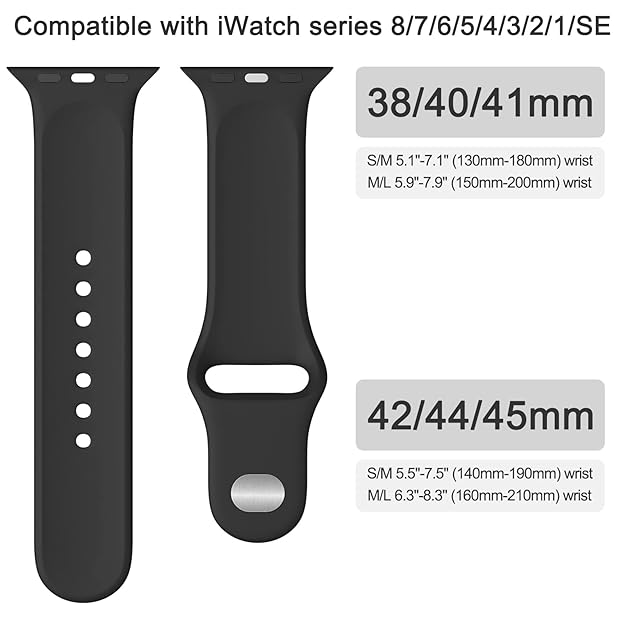 Silicone Watch Strap Compatible with Apple Watch Series 9 8 7 6 5 4 3 2 1 SE Ultra, Waterproof Watch Band with Rust Free Button for iWatch Straps 40mm 38mm 41mm 44mm 45mm 42mm 49mm