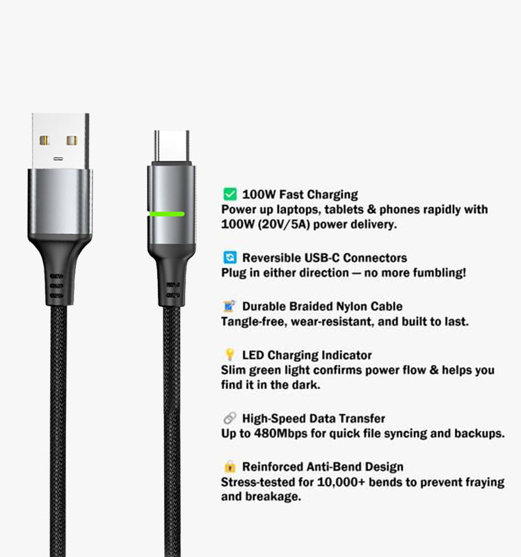 Kanget Fast Charging USB-C Cable with LED Indicator | Durable Braided USB-A to Type-C Charger for Android & Devices