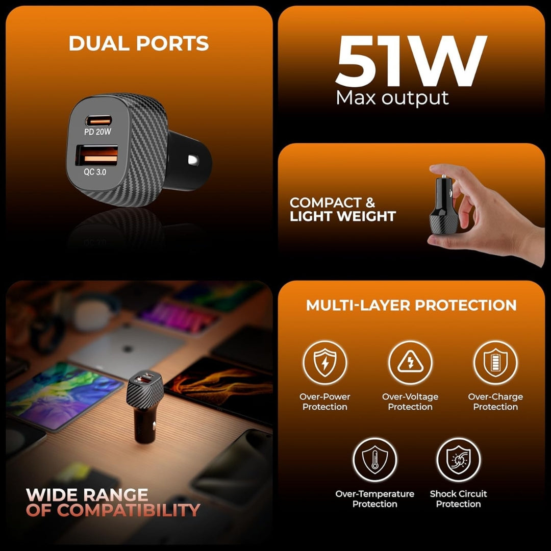 51W Car Charger with Dual Output, 51 Watts Total (31W USB + 20W Type C PD), car charger fast charging Compatible for iPhone and all Android Smartphones and Tabletes ( PD 3.0 and QC 3.0 )