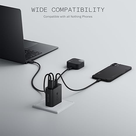 CMF by Nothing 100W GaN Type C 3-Port Charger Adapter with 3.3 Ft Type C Cable, USB-C1 100W, USB-C2 65W, USB-A 18W, Max Capacity 100W for Phone 2A/2A Plus/2/1,Samsung S25,S24, Laptop, Charging, Black