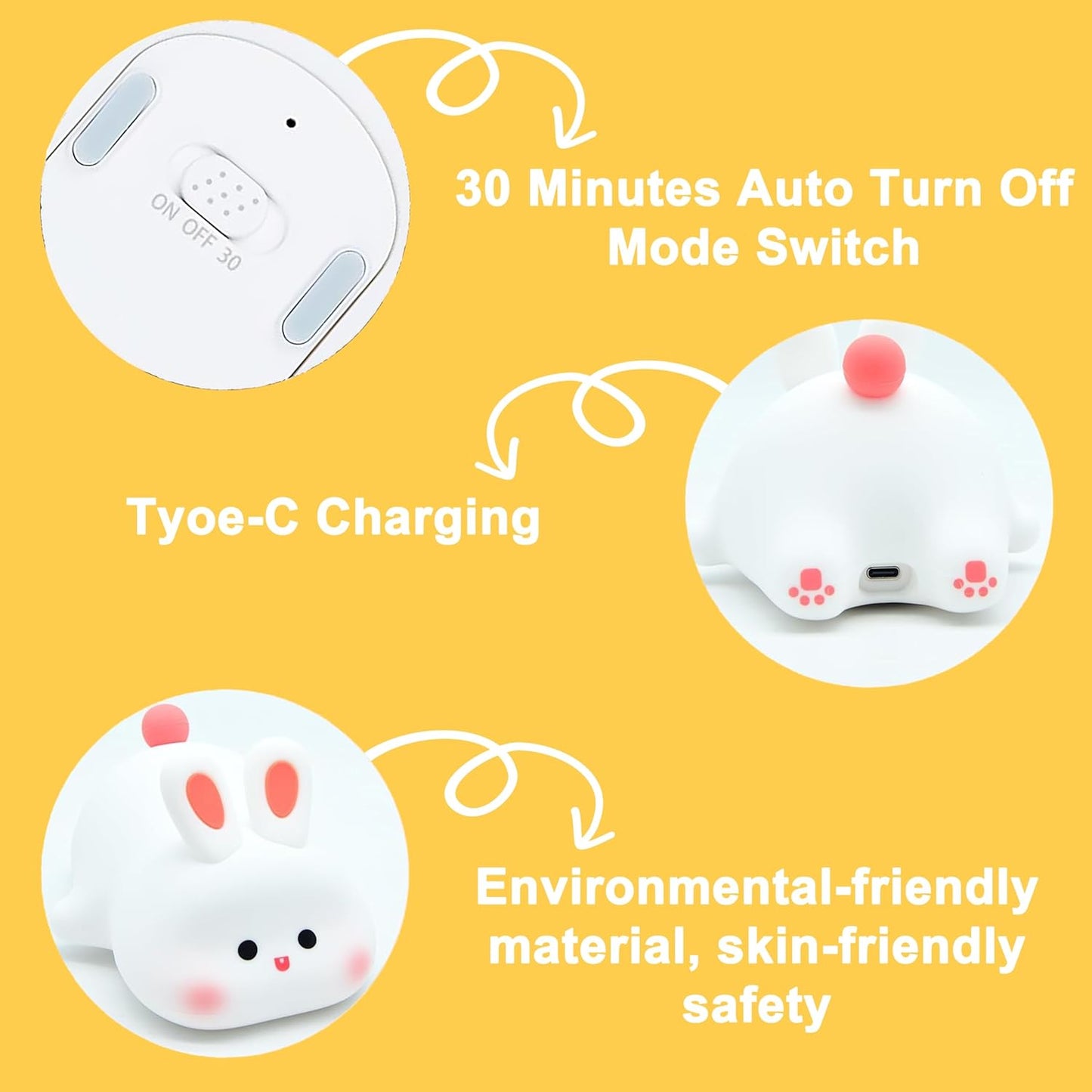 Kids Cute Little Rabbit Night Light Touch Silicone Animal Night Lamp | Rechargeable LED Bedside Lamp for Children's Bedroom | Ideal Gift for Boys, Girls, Toddlers, and Nursery