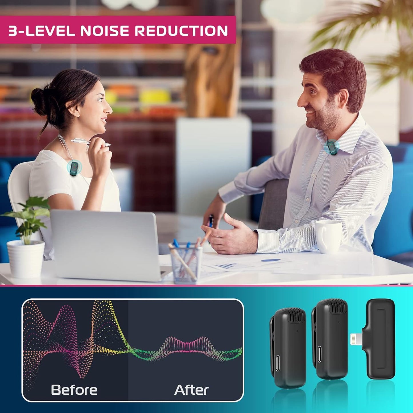 J13 Dual Wireless Lavalier Mic with Noise Reduction & Charging Case. Plug & play for Lightning devices. Perfect for YouTube, Facebook Live, vlogs, interviews, and pro video recording.