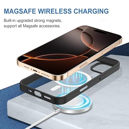 iPhone 16 pro Magnetic Transparent Case | Shock Proof Design & Camera Protection | Magsafe Wireless Charging case for Apple iPhone 16 pro | Sleek Hard Crystal Cover - Black (Back)