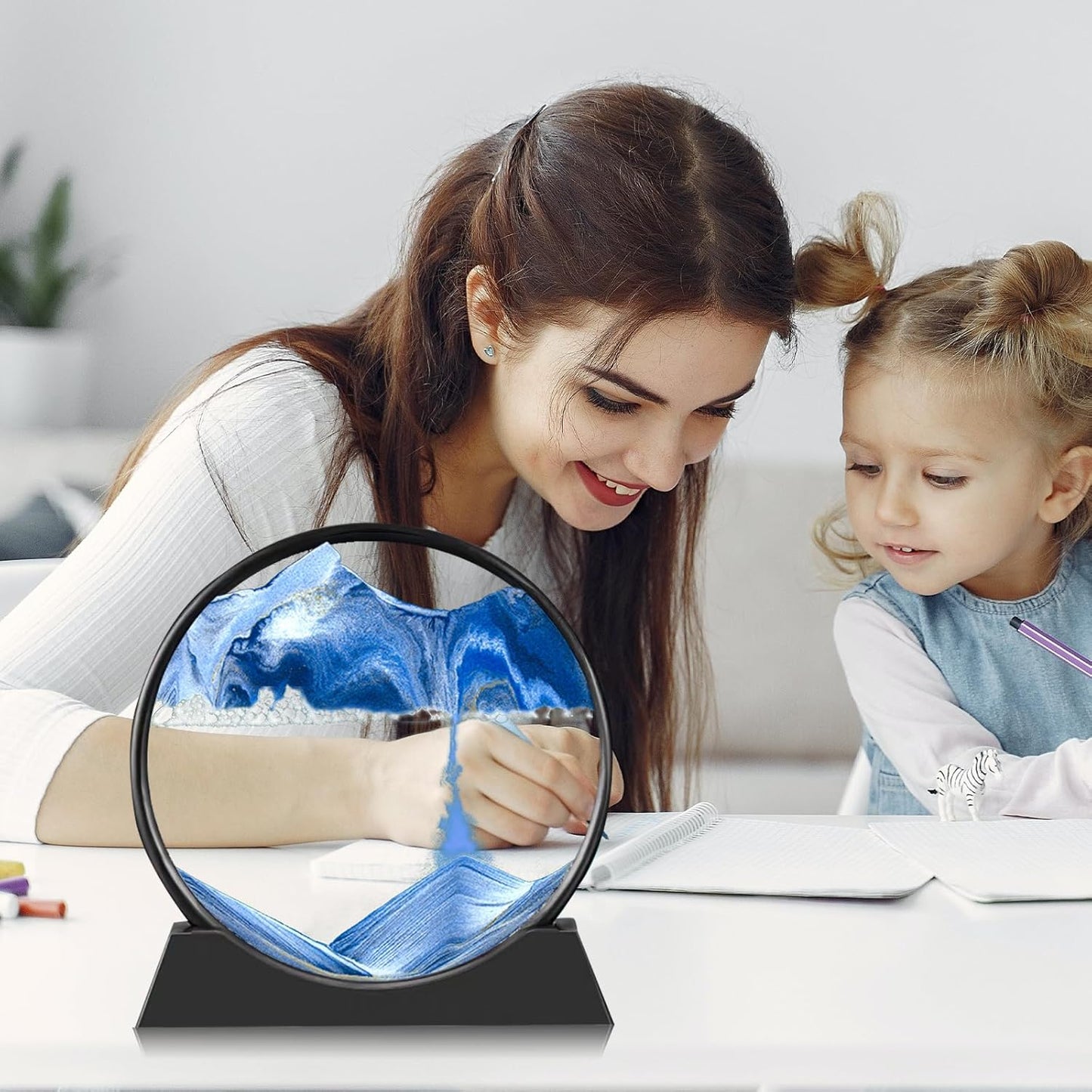 Sand Art Kits Moving Sand Art Liquid Motion, Round Glass Moving Sand Art Picture Relaxing Desktop Home Office (7Inch-Blue)