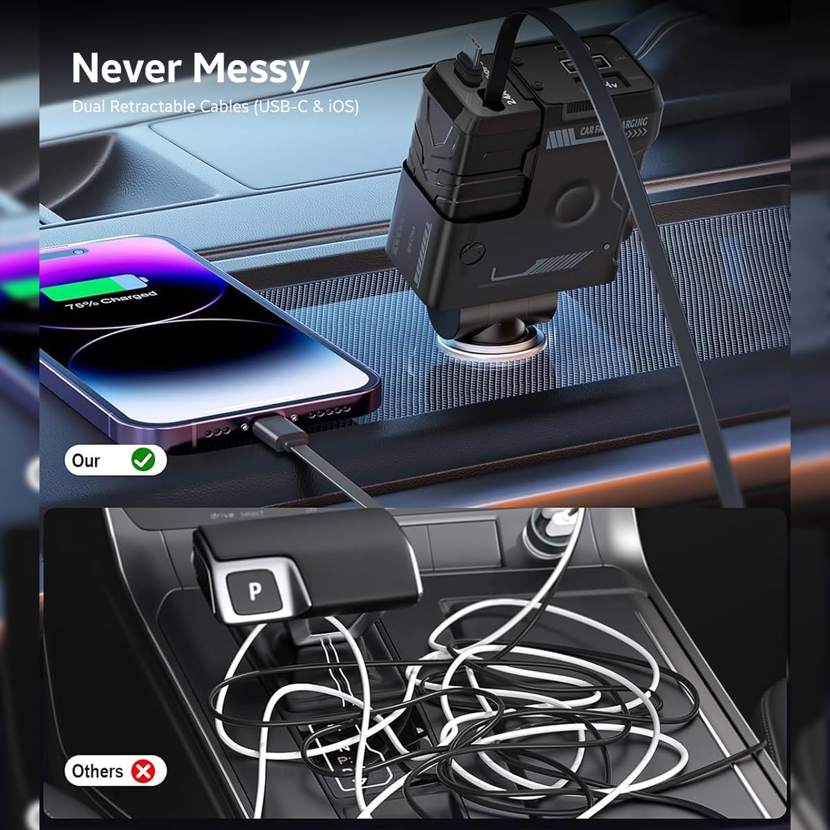 66W Retractable Car Charger - 4 in 1 Fast Car Charger with USB-C & Lightning Cables & Dual USB Ports (Type-C PD & USB-A), LED Indicator, Compatible with iPhone & Type-C Android Smartphones
