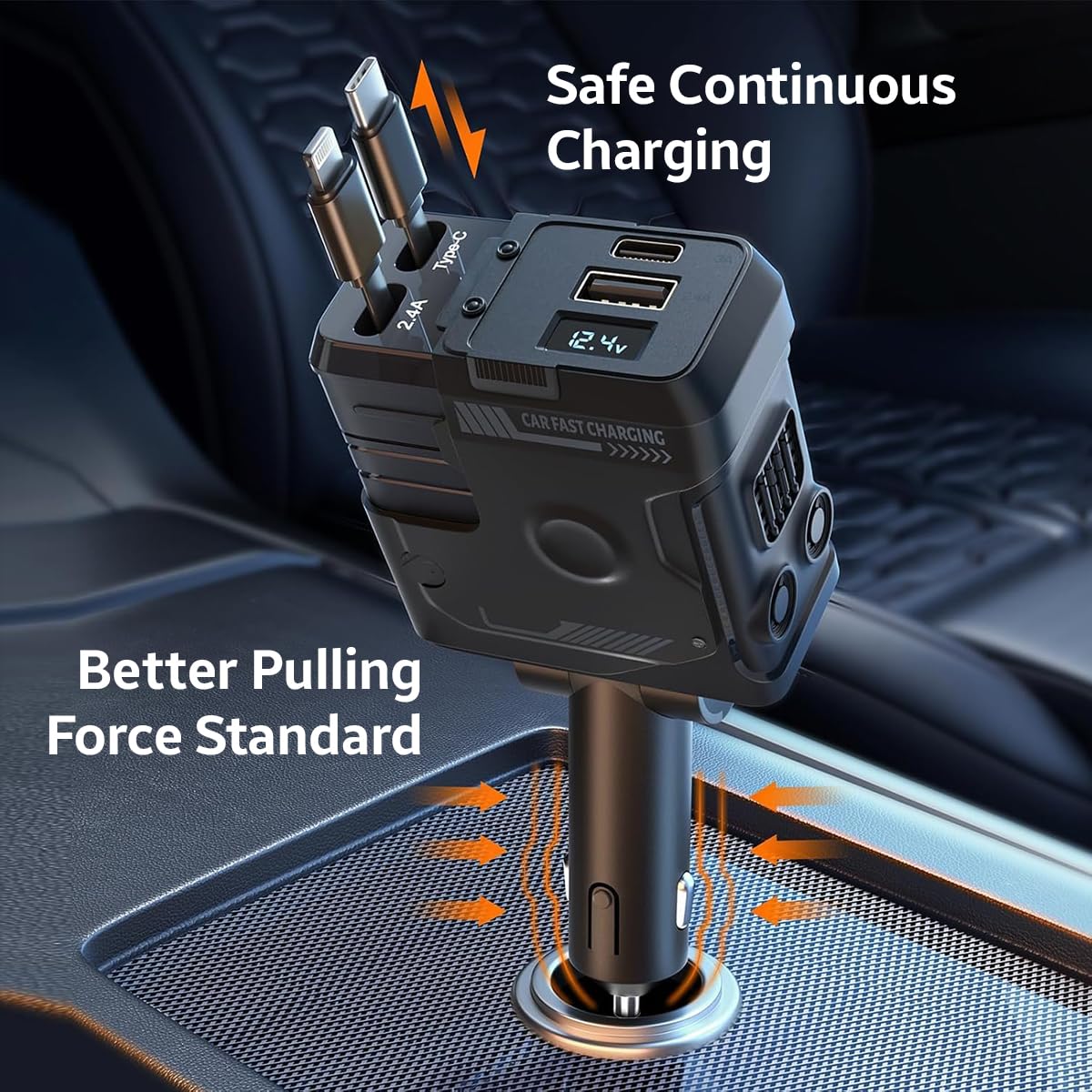 66W Retractable Car Charger - 4 in 1 Fast Car Charger with USB-C & Lightning Cables & Dual USB Ports (Type-C PD & USB-A), LED Indicator, Compatible with iPhone & Type-C Android Smartphones
