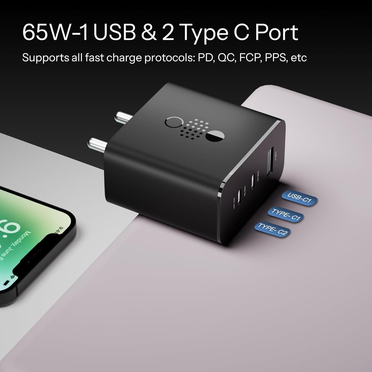 65W CMF by Nothing GaN Trio Charger | 3-Port USB-C & USB-A Fast Wall Adapter | Compatible with CMF Phone 1, Nothing Phone 2/2a/2a Plus & Samsung Galaxy S24 Ultra – Black