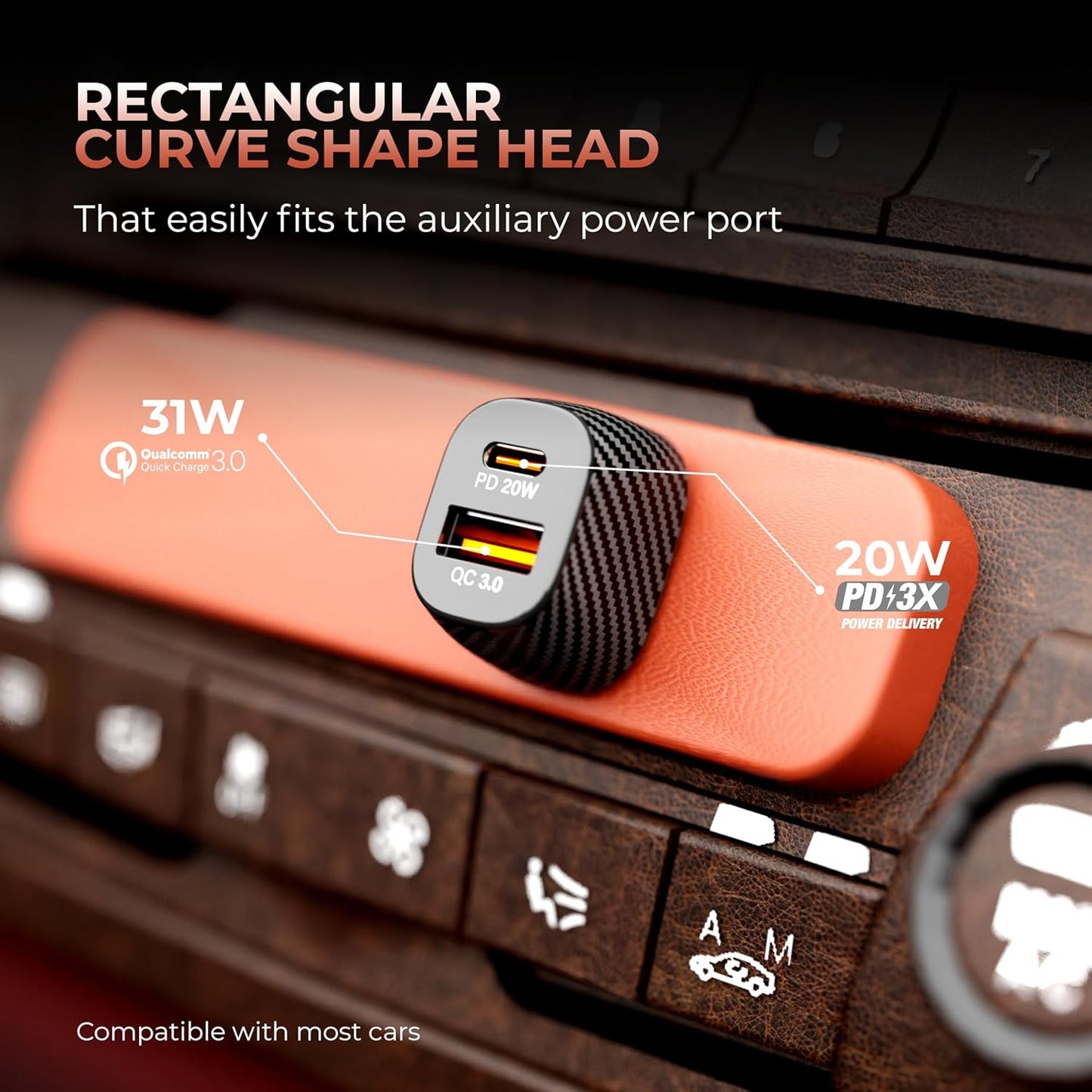 51W Car Charger with Dual Output, 51 Watts Total (31W USB + 20W Type C PD), car charger fast charging Compatible for iPhone and all Android Smartphones and Tabletes ( PD 3.0 and QC 3.0 )