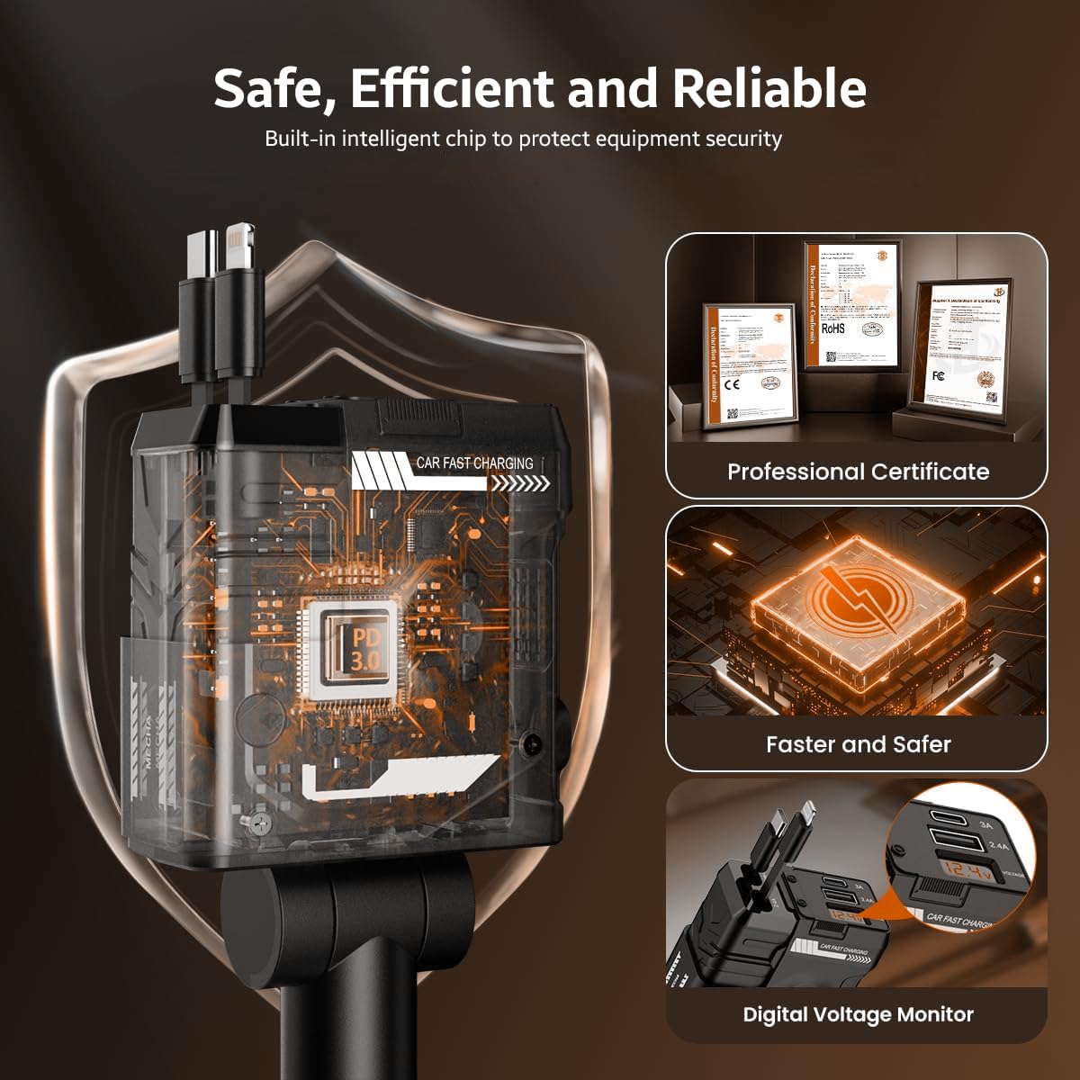 66W Retractable Car Charger - 4 in 1 Fast Car Charger with USB-C & Lightning Cables & Dual USB Ports (Type-C PD & USB-A), LED Indicator, Compatible with iPhone & Type-C Android Smartphones