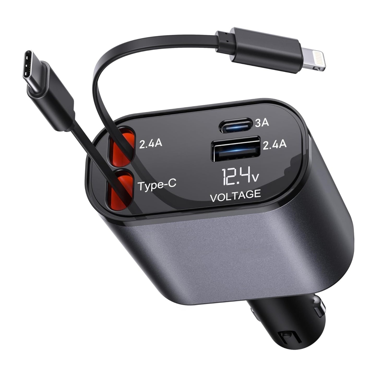 Retractable Car Charger, 120 W, 4 in 1 Super Fast Charge (31.5 inch) with 2 USB Ports for iPhone 15 / 14 / 13 / 12 Pro Max XR, iPad, Samsung, Pixel