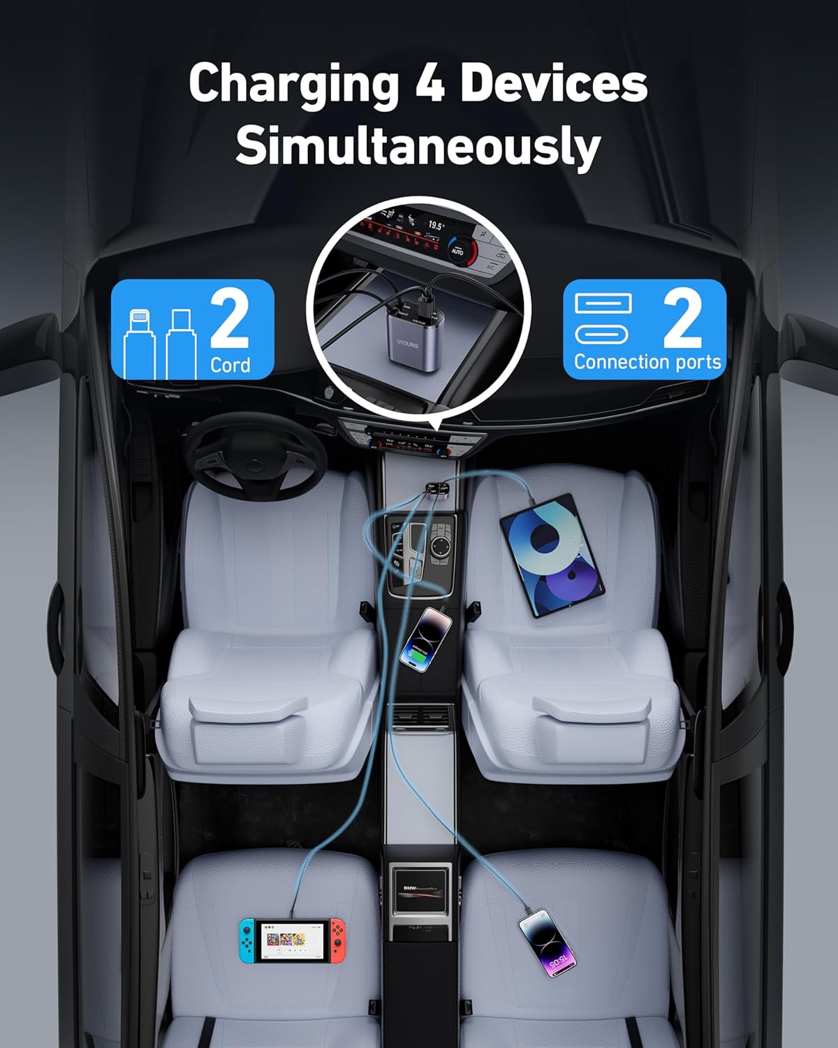 Retractable Car Charger, 120 W, 4 in 1 Super Fast Charge (31.5 inch) with 2 USB Ports for iPhone 15 / 14 / 13 / 12 Pro Max XR, iPad, Samsung, Pixel