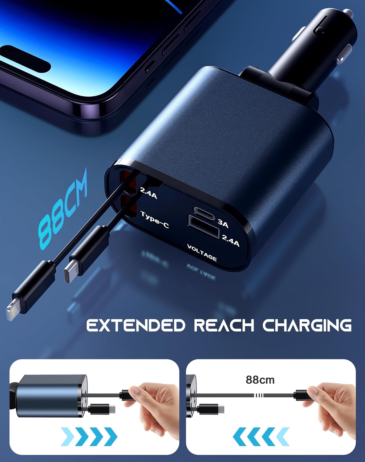Retractable Car Charger, 120 W, 4 in 1 Super Fast Charge (31.5 inch) with 2 USB Ports for iPhone 15 / 14 / 13 / 12 Pro Max XR, iPad, Samsung, Pixel