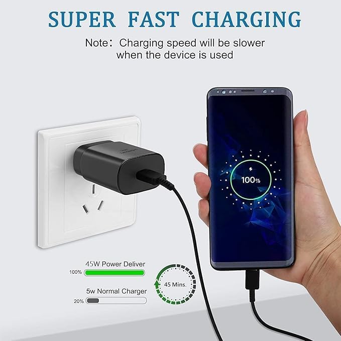 Samsung 45W USB-C Super fast Charging Adapter with 100cm Type C to C Cable for Galaxy S25/S25 Plus/S25 Ultra/S24 Ultra/S24+/S23 Ultra/S23 FE/S22/S21 FE/F55/M55/M35/A35/M05/Z Fold/Flip 5/4/Tab, Black