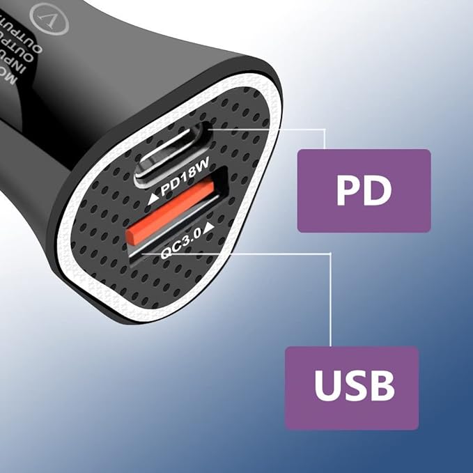 51 W Power Fast Car Charger with Dual Output 51 Watts Total (18W USB + 33W Type C PD), Fast Charging, Adapter for iPhone & Android Smartphones