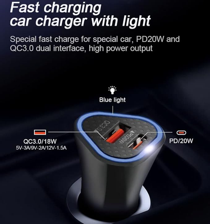 51 W Power Fast Car Charger with Dual Output 51 Watts Total (18W USB + 33W Type C PD), Fast Charging, Adapter for iPhone & Android Smartphones