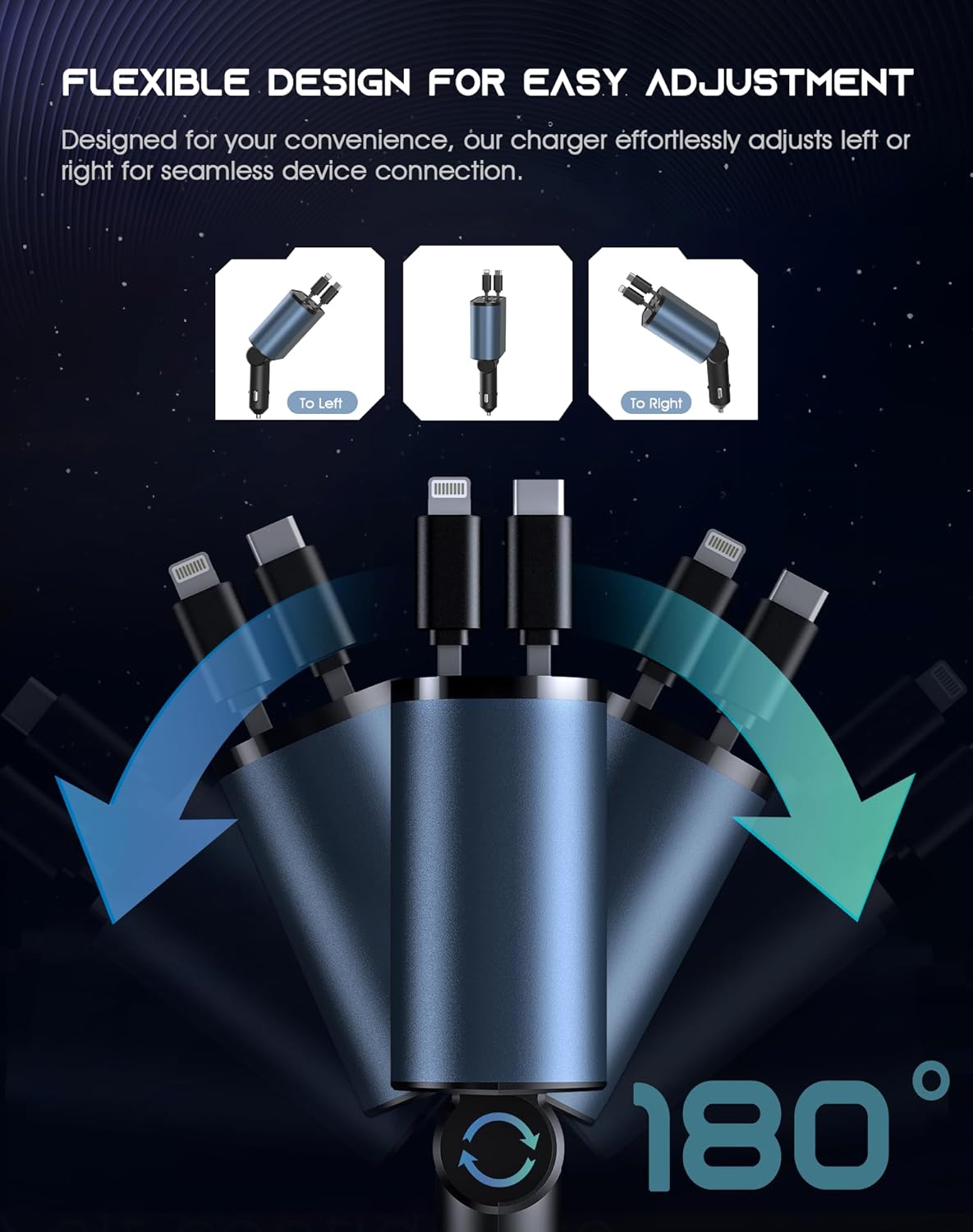 Retractable Car Charger, 120 W, 4 in 1 Super Fast Charge (31.5 inch) with 2 USB Ports for iPhone 15 / 14 / 13 / 12 Pro Max XR, iPad, Samsung, Pixel