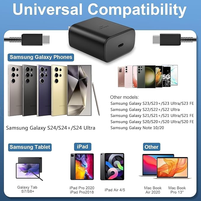 Samsung 45W USB-C Super fast Charging Adapter with 100cm Type C to C Cable for Galaxy S25/S25 Plus/S25 Ultra/S24 Ultra/S24+/S23 Ultra/S23 FE/S22/S21 FE/F55/M55/M35/A35/M05/Z Fold/Flip 5/4/Tab, Black