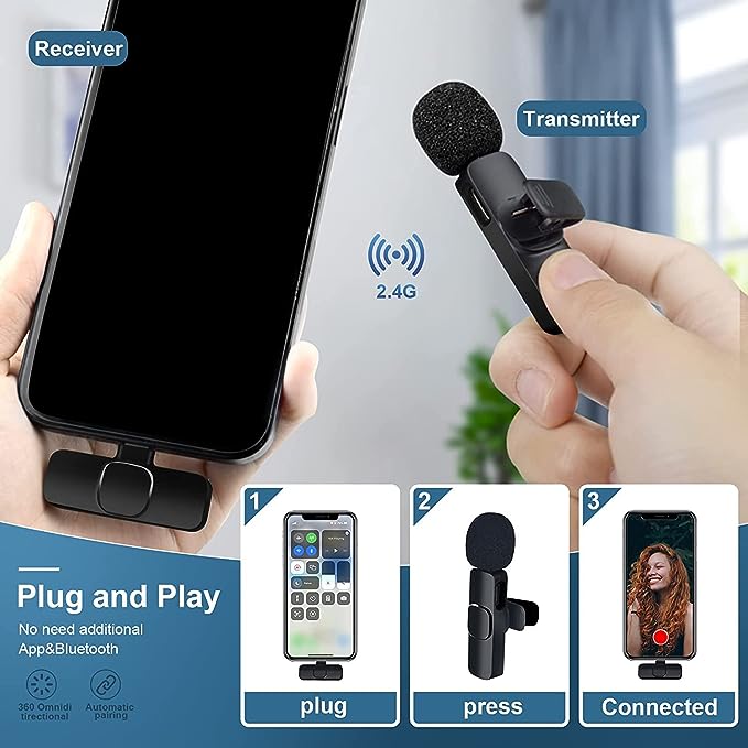 Wireless 2 in 1 Lavalier Microphone for Recording, Live Stream, Video Recording, Interview, Facebook Live, YouTube, Clip-on Plug & Play.