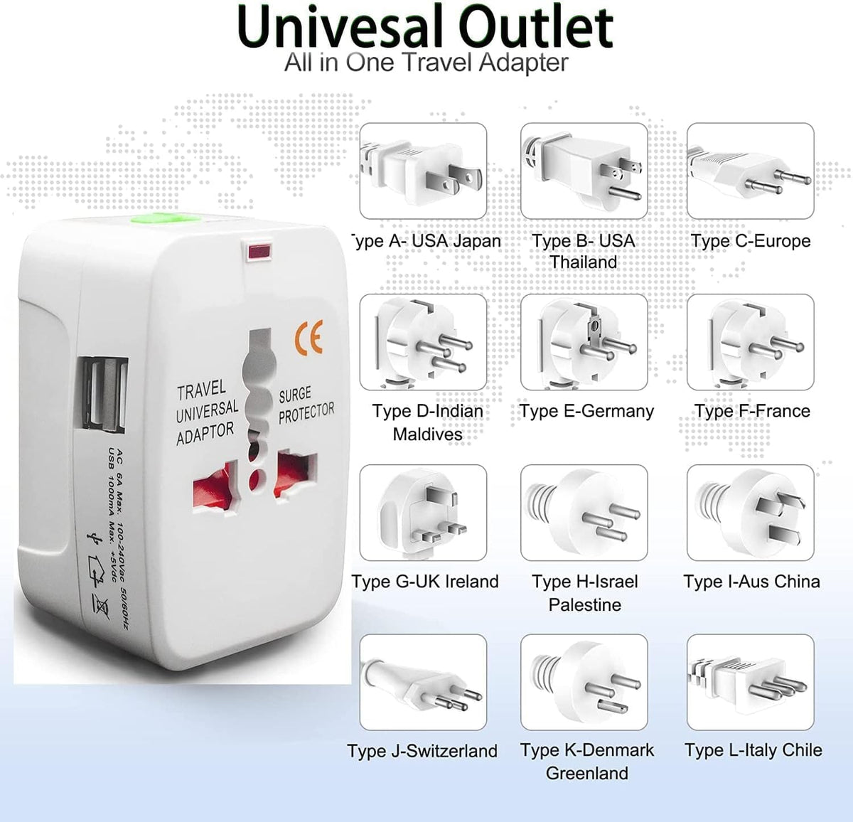 All-in-One Universal Travel Adaptor with USB Output (2400mA Max, +5V DC)