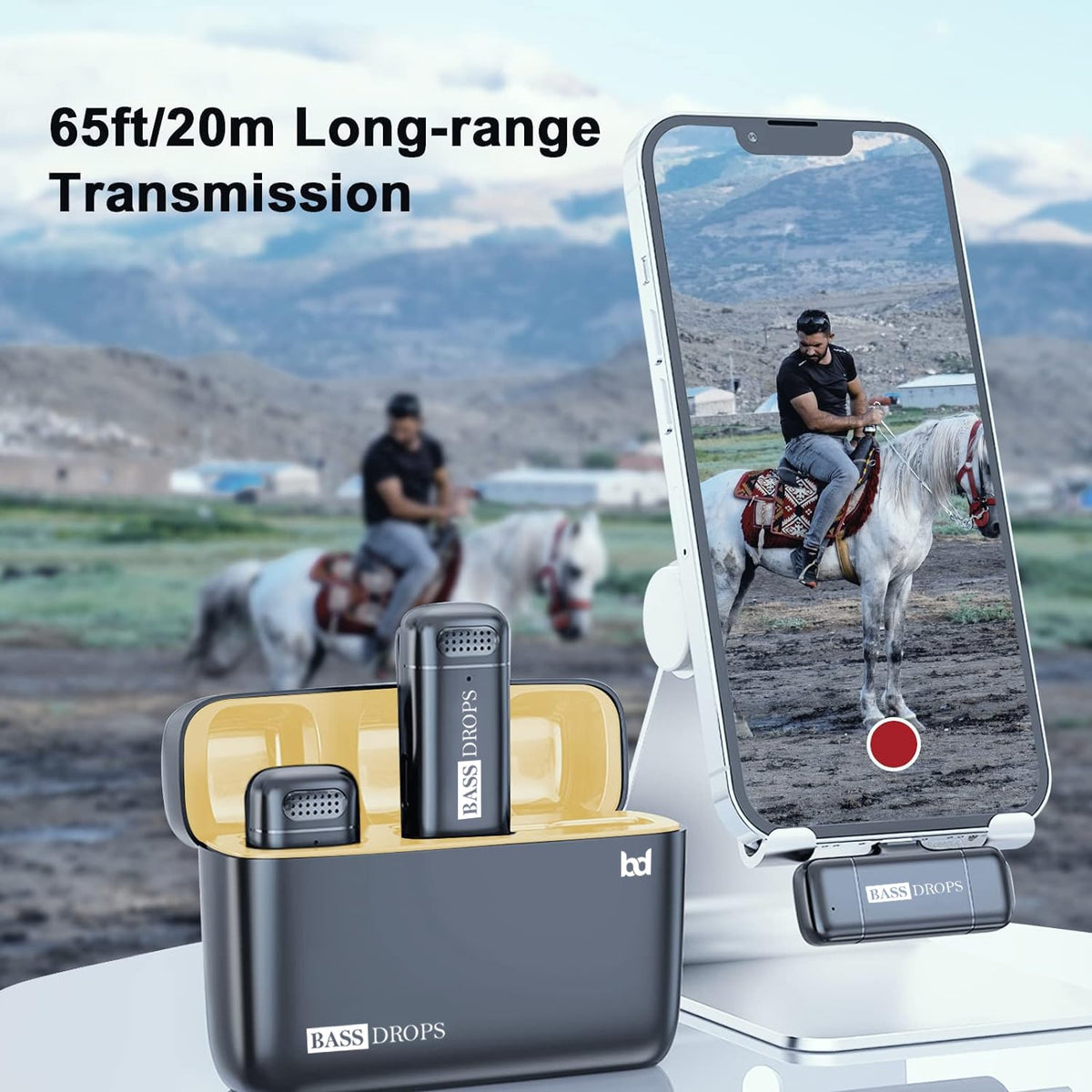 BASS DROPS Wireless Clip-On Microphone System (Dual Clip Mics) with Charging Case & Digital Display