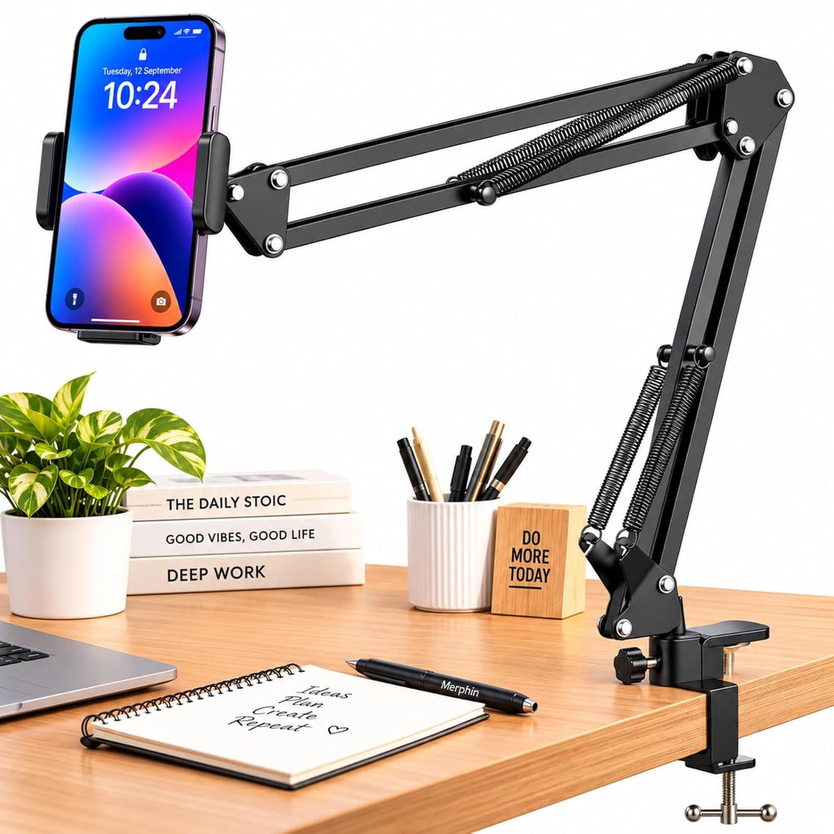 Overhead Desk Clamp Mobile Holder with Spring Arm (Universal 4–6 inch Phone Clamp)