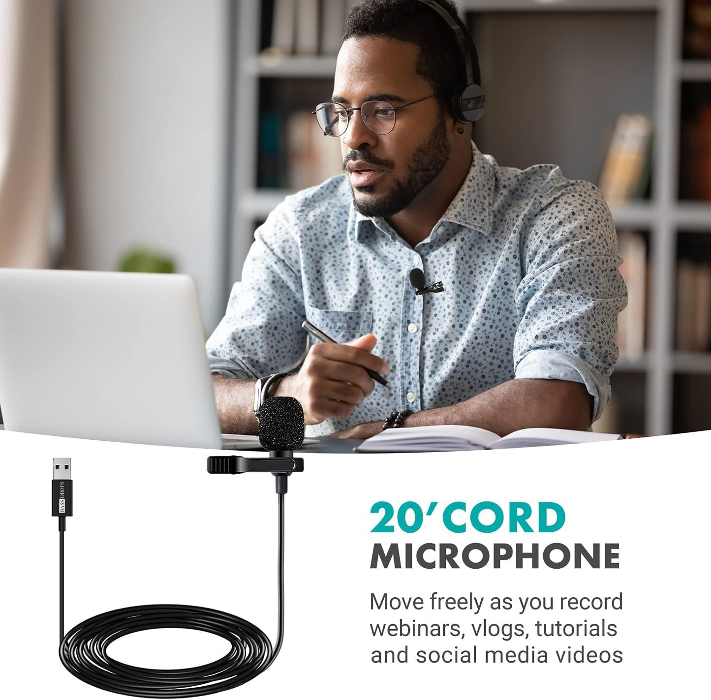 BassDrops M1 USB Lavalier Microphone | Omnidirectional Clip-On Lapel Mic for Laptop, PC & Mac | Ideal for Podcasting, Gaming, Streaming & Desktop Use | 1.5 Meter Cable | Clear Sound for Content Creators!