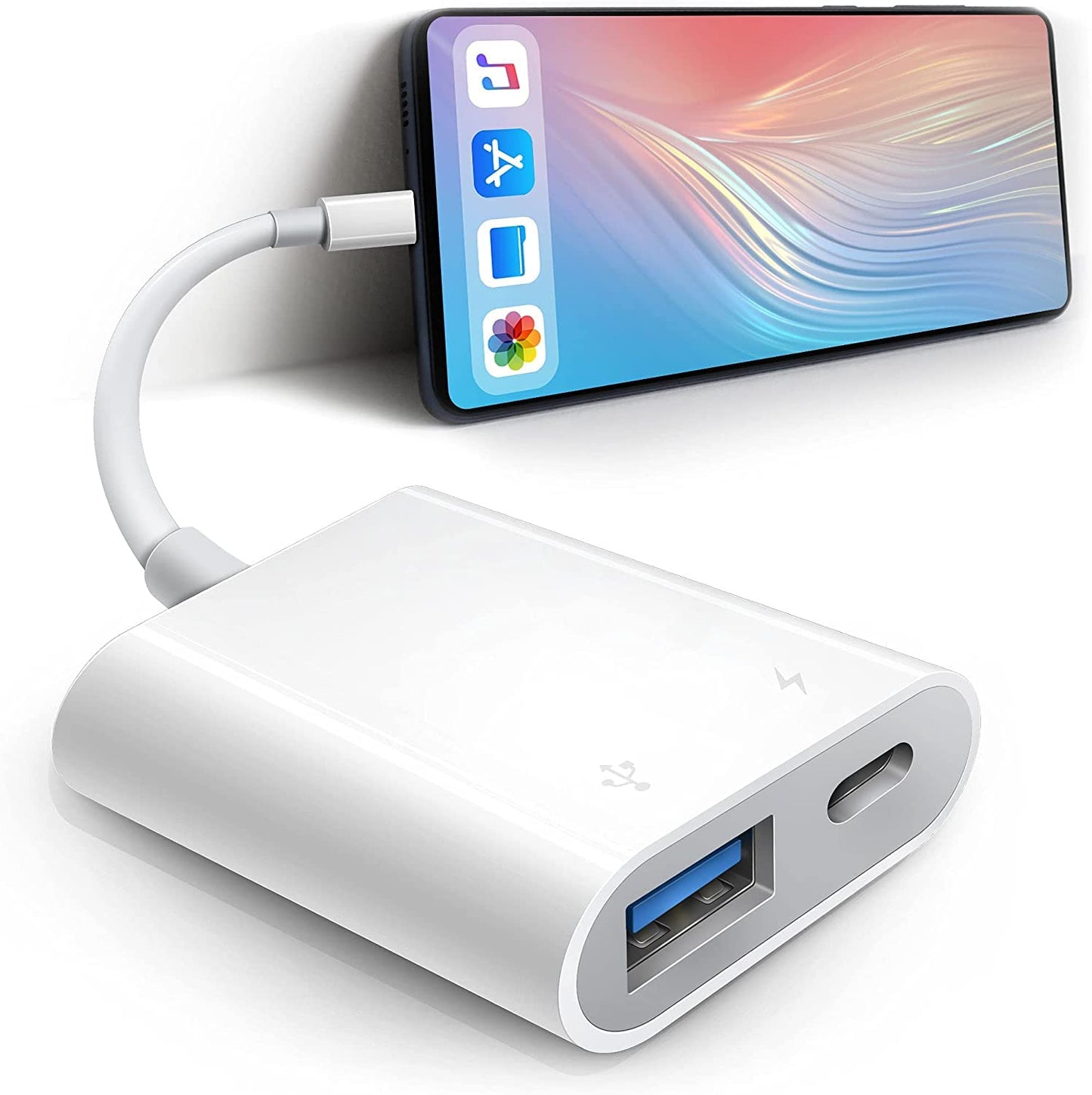 Lightning to USB Camera Adapter with Charging Port to Charge iPhone, Portable USB Female OTG Adapter Compatible with iPhone iPad (SSD Not Supported)