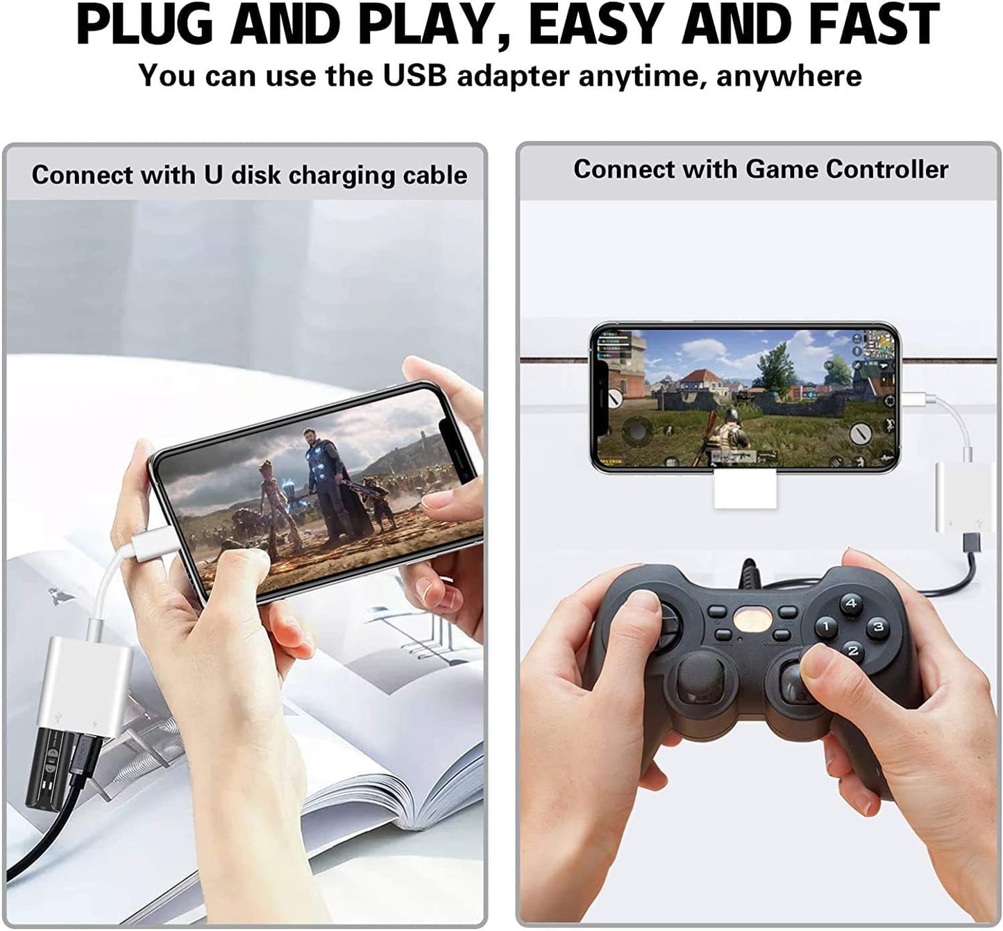 Lightning to USB Camera Adapter with Charging Port to Charge iPhone, Portable USB Female OTG Adapter Compatible with iPhone iPad (SSD Not Supported)