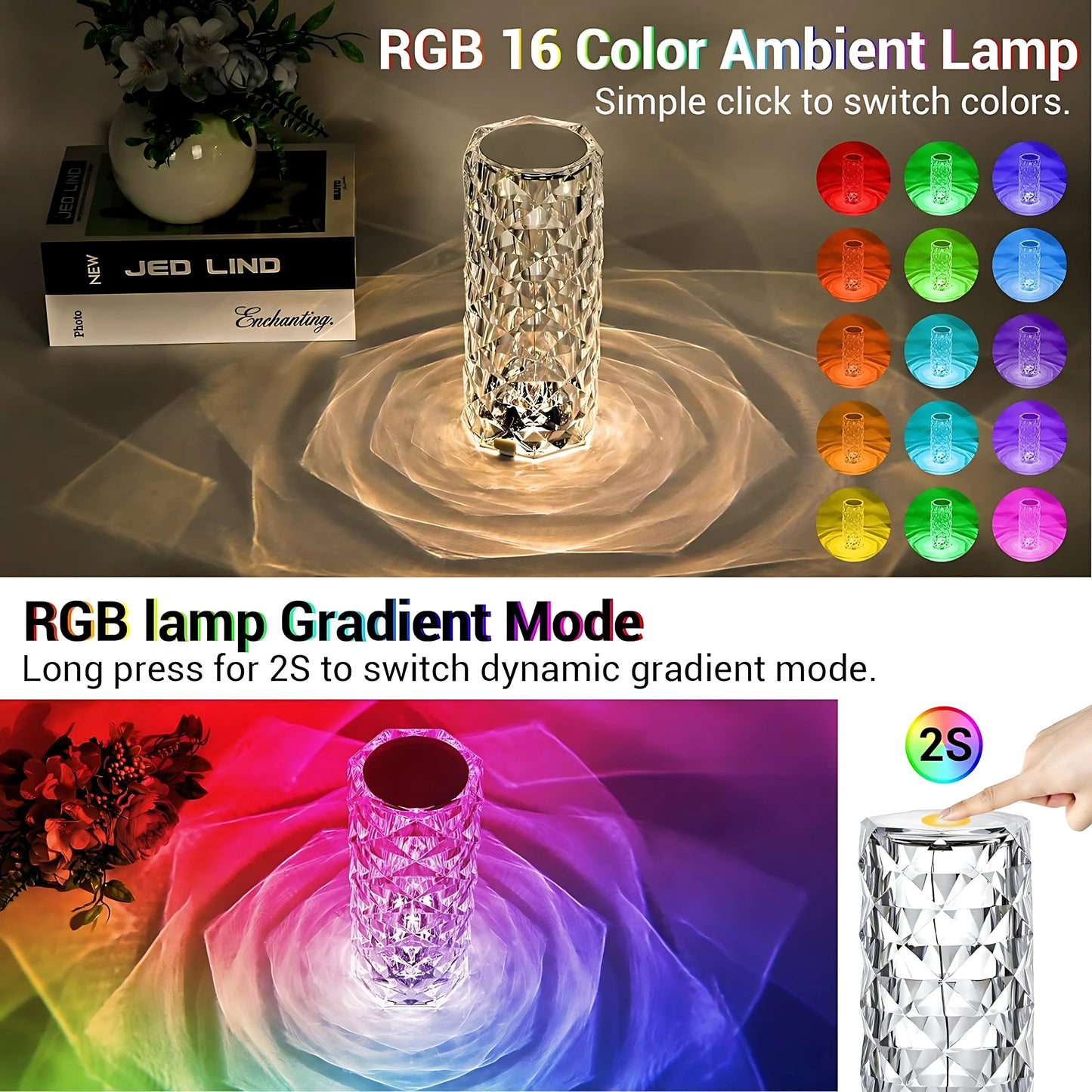 Crystal Lamp,16 Color Changing Rose Crystal Diamond LED Table Lamp,USB Rechargeable Touch Bedside Lamp Night Light with Remote Control, for Bedroom Living Room Party Dinner Decor
