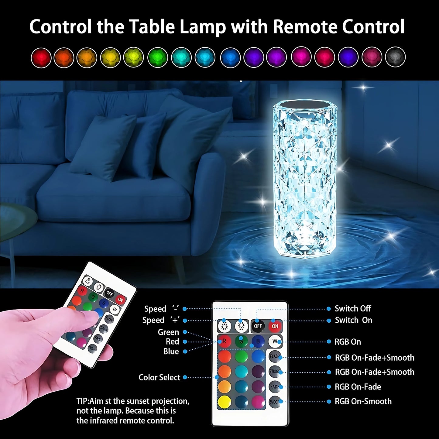 Crystal Lamp,16 Color Changing Rose Crystal Diamond LED Table Lamp,USB Rechargeable Touch Bedside Lamp Night Light with Remote Control, for Bedroom Living Room Party Dinner Decor