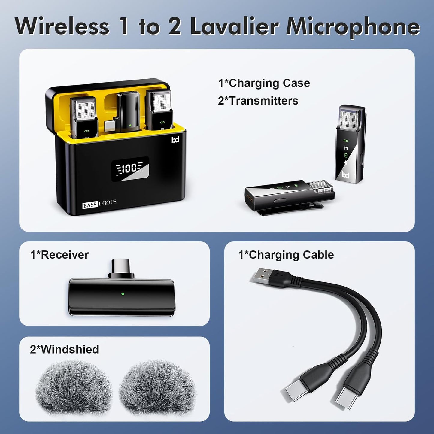 Wireless 1 to 2 Lavalier Microphone with Charging Case | Dual Transmitters & Receiver | USB Charging Cable | High-Quality Audio for iOS & Android