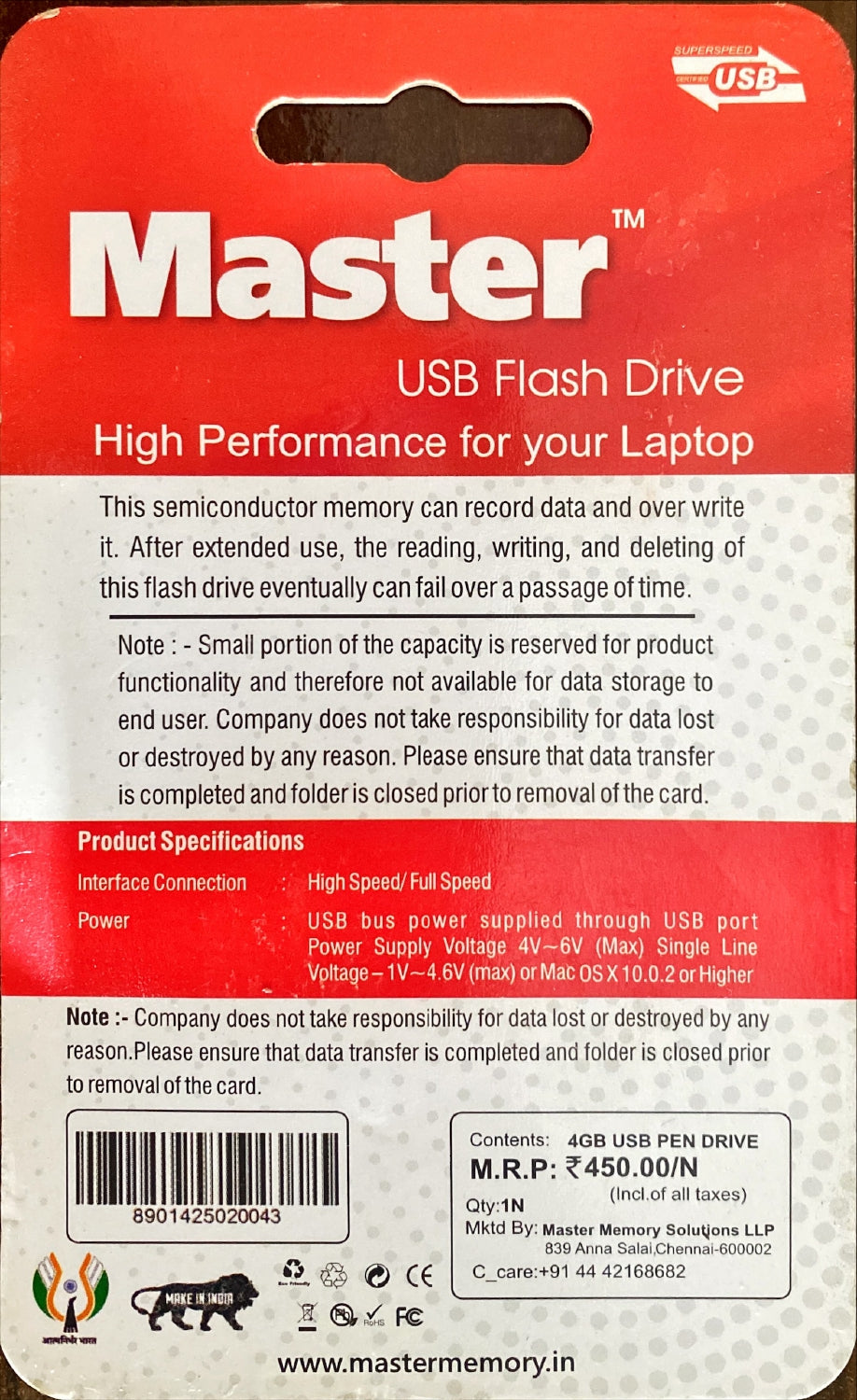 Master USB 2.0 4GB Pendrive – Silver Metal Case, Compatible with Audio Player, Desktop, Gaming Console, Laptop, Mobile, Tablet & Television